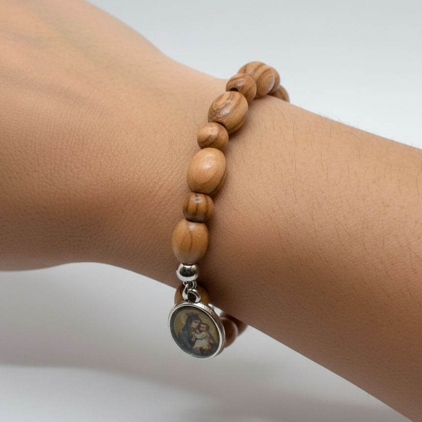 Oval Olive Wood 9*6 mm Beads Bracelet with Virgin Mary and Baby