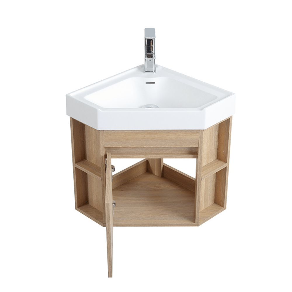 18 Inch Wall Mount Corner Bathroom Vanity – Light Oak Finish
