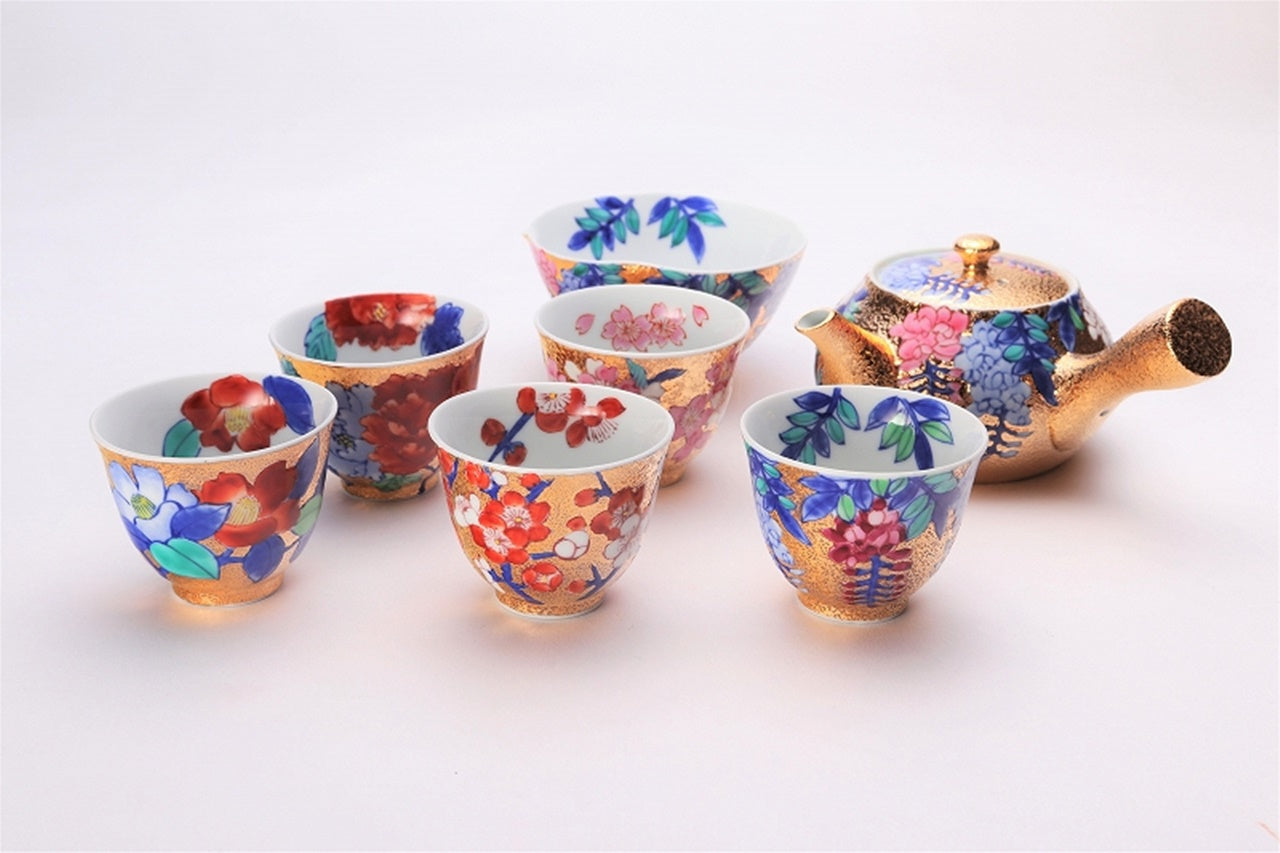 ティー用品 「茶器セット 金彩 藤 木箱付」 金龍窯 江口天童 有田焼