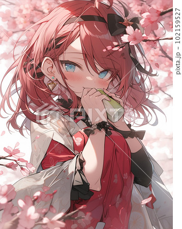 桜吹雪舞う中微笑する女性のイラスト素材 [102159527] - PIXTA