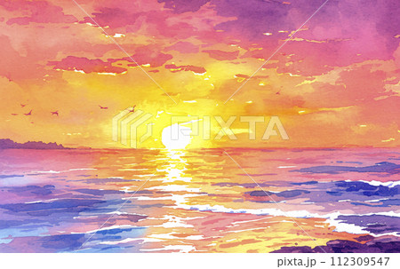 夕日と海の風景のイラスト素材 [112309547] - PIXTA