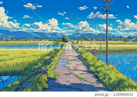 夏空の下、田園風景を貫くあぜ道のアニメ風イラストのイラスト素材