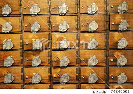 昭和から続く、風情ある老舗の銭湯の、木製の鍵付き靴箱。ロッカー。靴