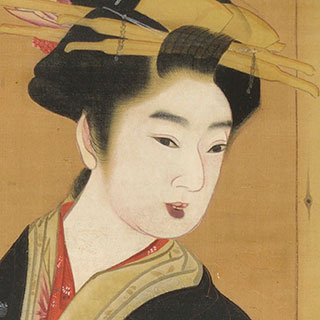 祇園井特「三味線を持つ美人図」 – 摘水軒記念文化振興財団・江戸絵画