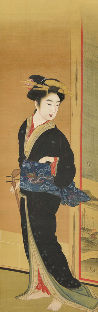 祇園井特「三味線を持つ美人図」 – 摘水軒記念文化振興財団・江戸絵画