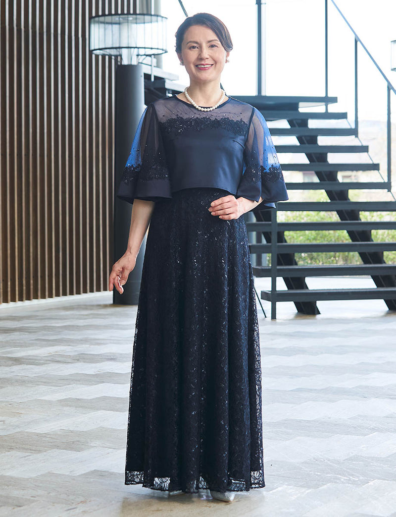 結婚式 母親ドレス ダークネイビー・マザーズドレス レース ケープ付き