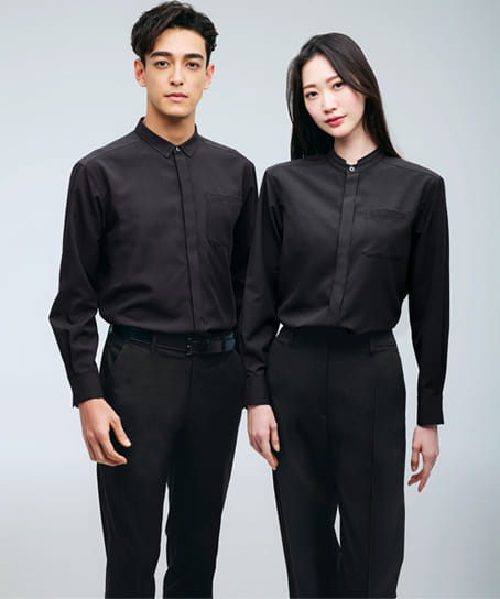 全2色】ユニセックススタンドカラーシャツ（長袖・ストレッチ・吸汗速