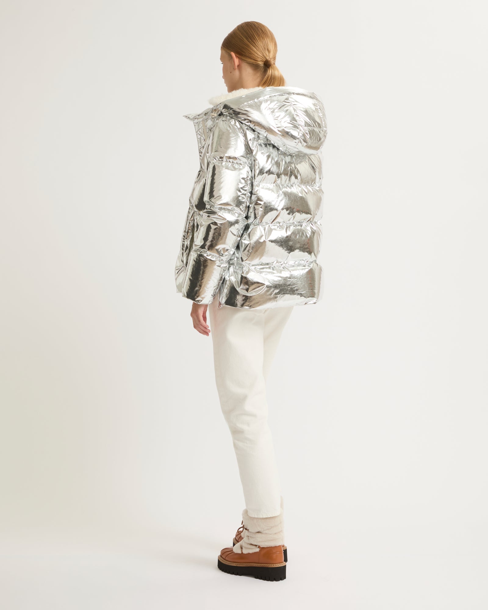 Hooded down jacket in shiny laminated nylon - Silver - Winter Sale
