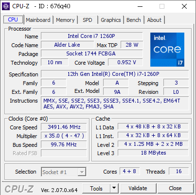 Intel Core i7 1260P @ 3491.46 MHz - CPU-Z VALIDATOR