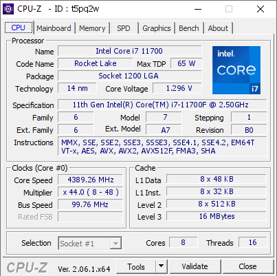 Intel Core i7 11700 @ 4389.26 MHz - CPU-Z VALIDATOR