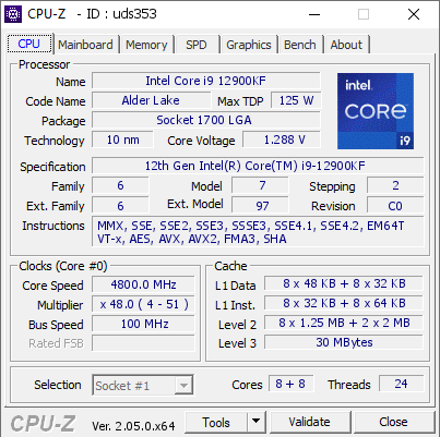 Intel Core i9 12900KF @ 4800 MHz - CPU-Z VALIDATOR
