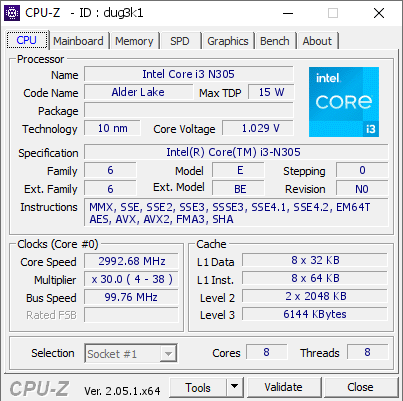 Intel Core i3 N305 @ 2992.68 MHz - CPU-Z VALIDATOR