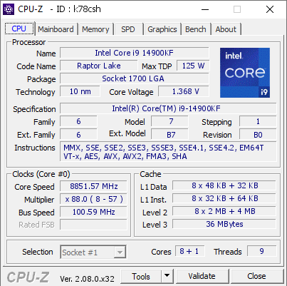 Intel Core i9 14900KF @ 8851.57 MHz - CPU-Z VALIDATOR