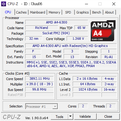AMD A4-6300 @ 3892.11 MHz - CPU-Z VALIDATOR