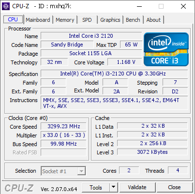 Intel Core i3 2120 @ 3299.23 MHz - CPU-Z VALIDATOR