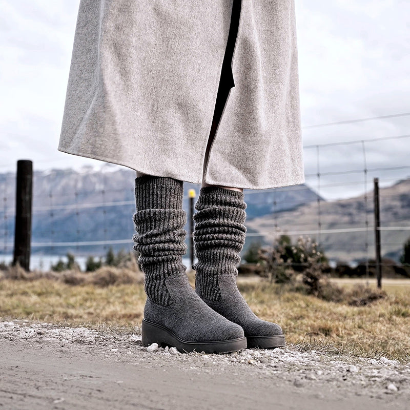 Eduarda] ラウンドトゥ 撥水加工 ニーハイ プラットフォーム チャン