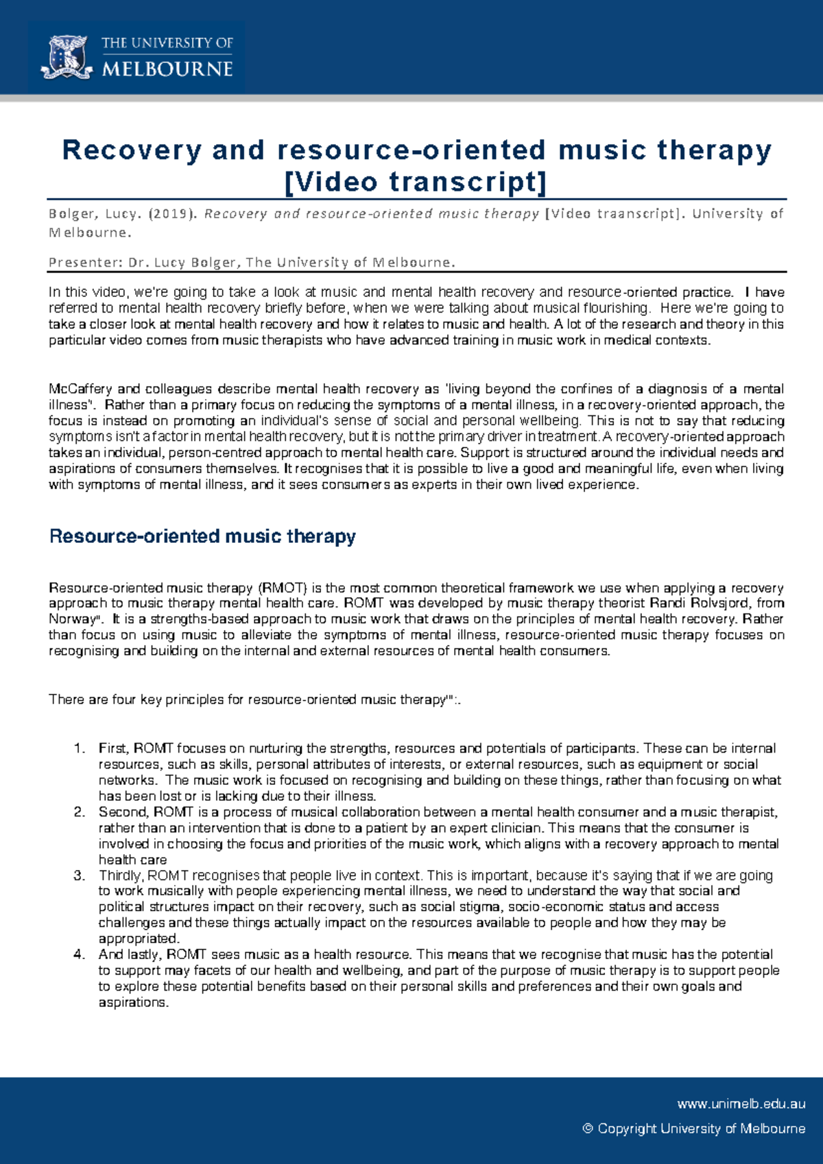MUSI2015 Lecture Notes: Resource-Oriented Music Therapy for