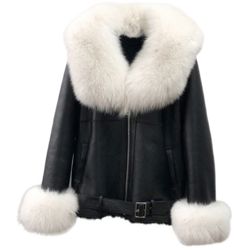 Oversized Real Fox Fur Collar with Genuine Sheepskin Leather
