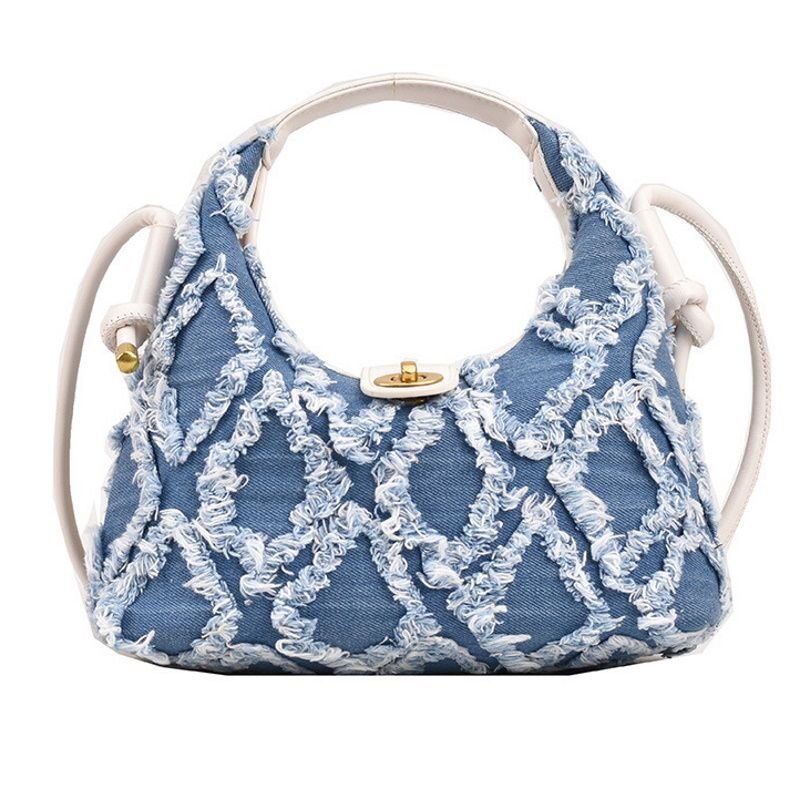 Woman's denim fringe one-shoulder Mini tote shoulder bag デニム