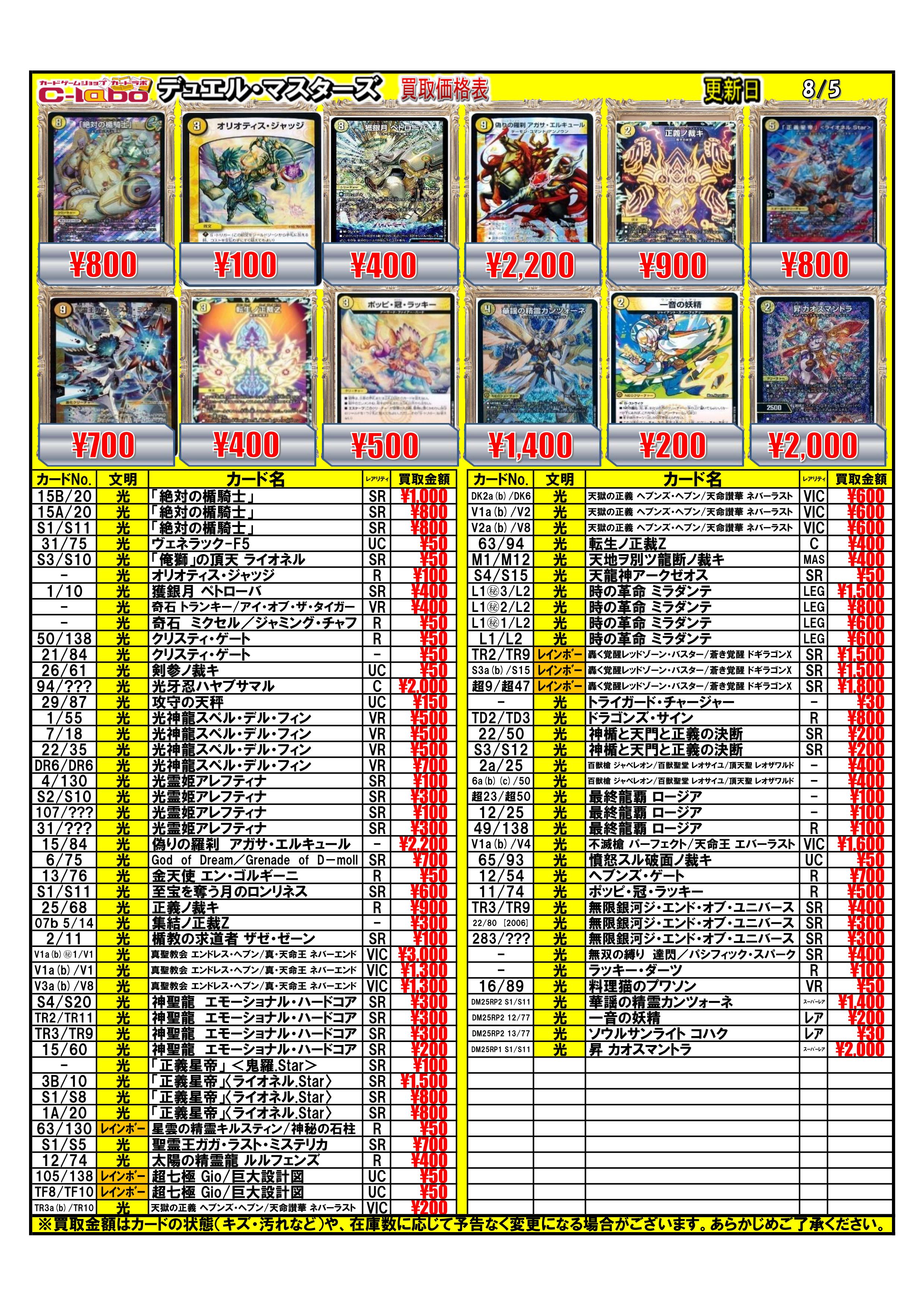 デュエルマスターズ 買取表一覧8/5更新 / 天王寺店の店舗ブログ