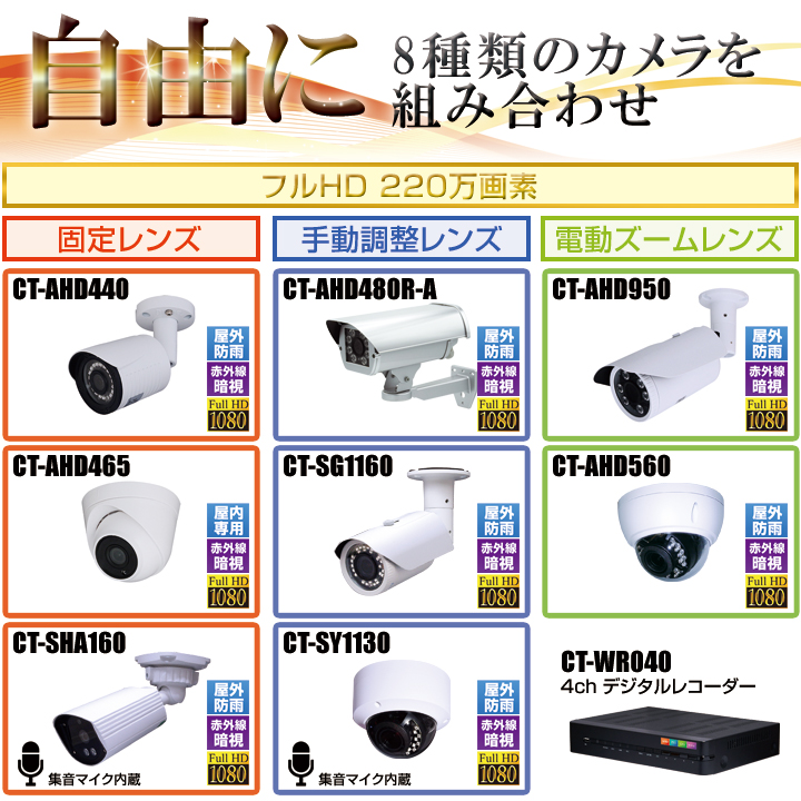 防犯カメラ1～4台セット【セット400-AHD】4chデジタルレコーダーのフル