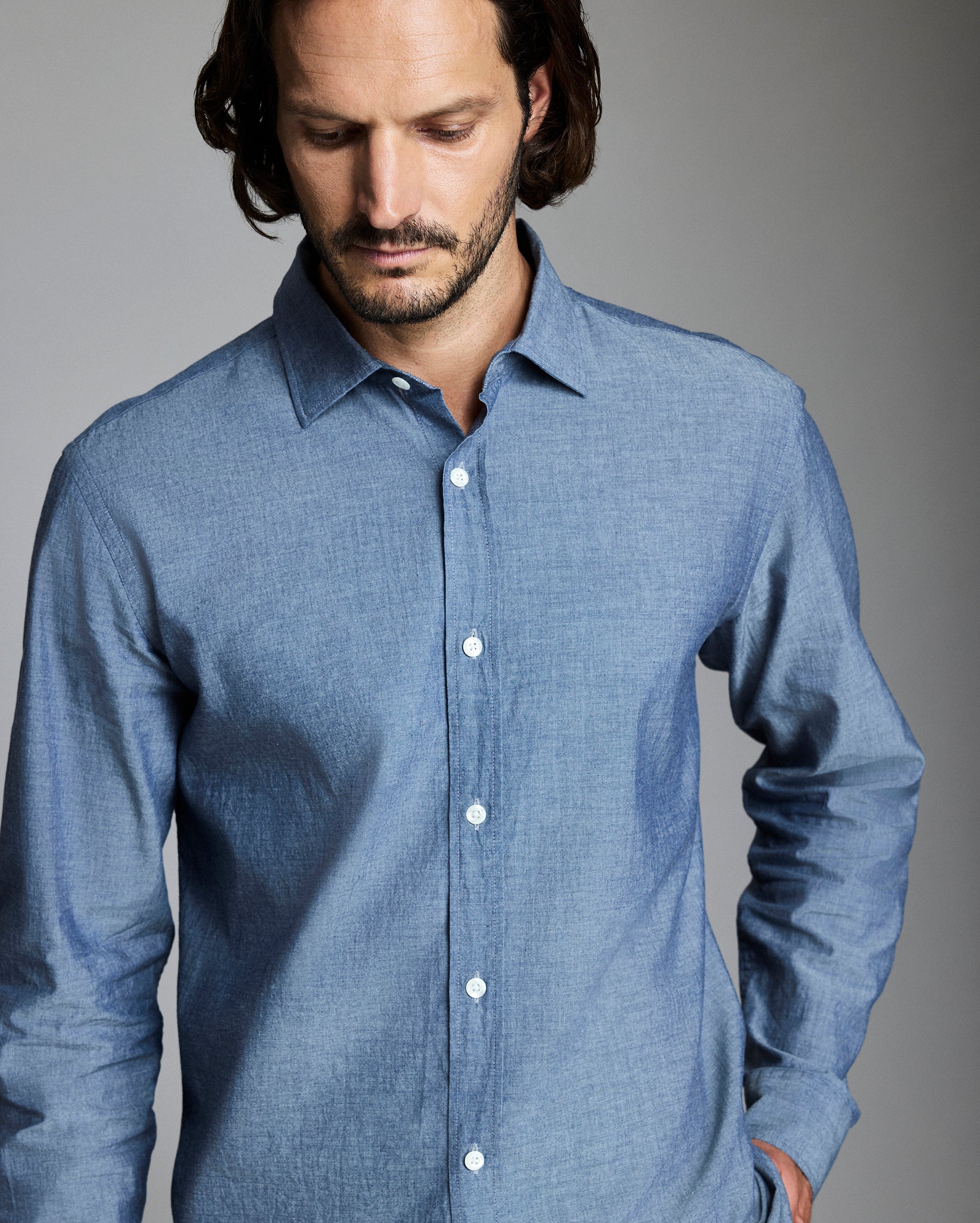 Chambray Holt Dress Shirt, Spread Collar | Billy Reid