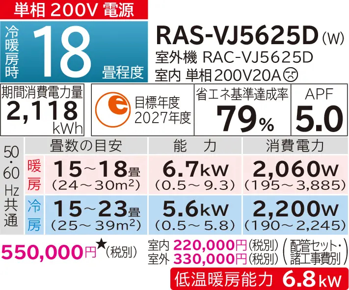 HITACHI(日立) 5.6kW 主に18畳用 単相200V ルームエアコン 『白く