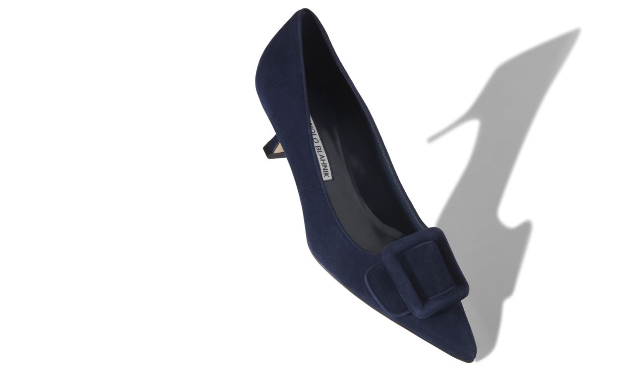 MAYSALEPUMP | Navy Blue Suede Buckle Detail Pumps | Manolo Blahnik