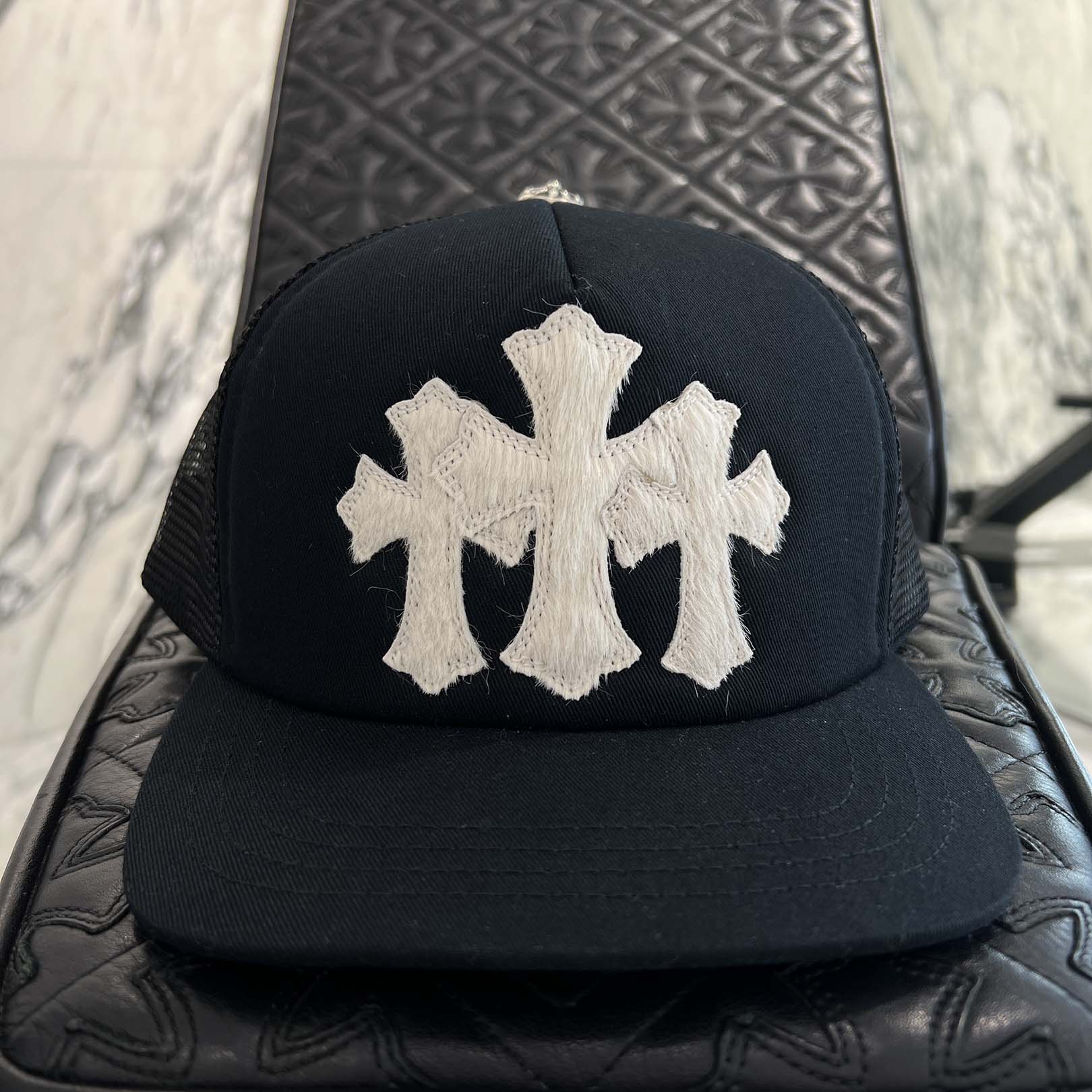 CHROME HEARTS 2025AW Triple Cross Harako Leather Patch Trucker Cap