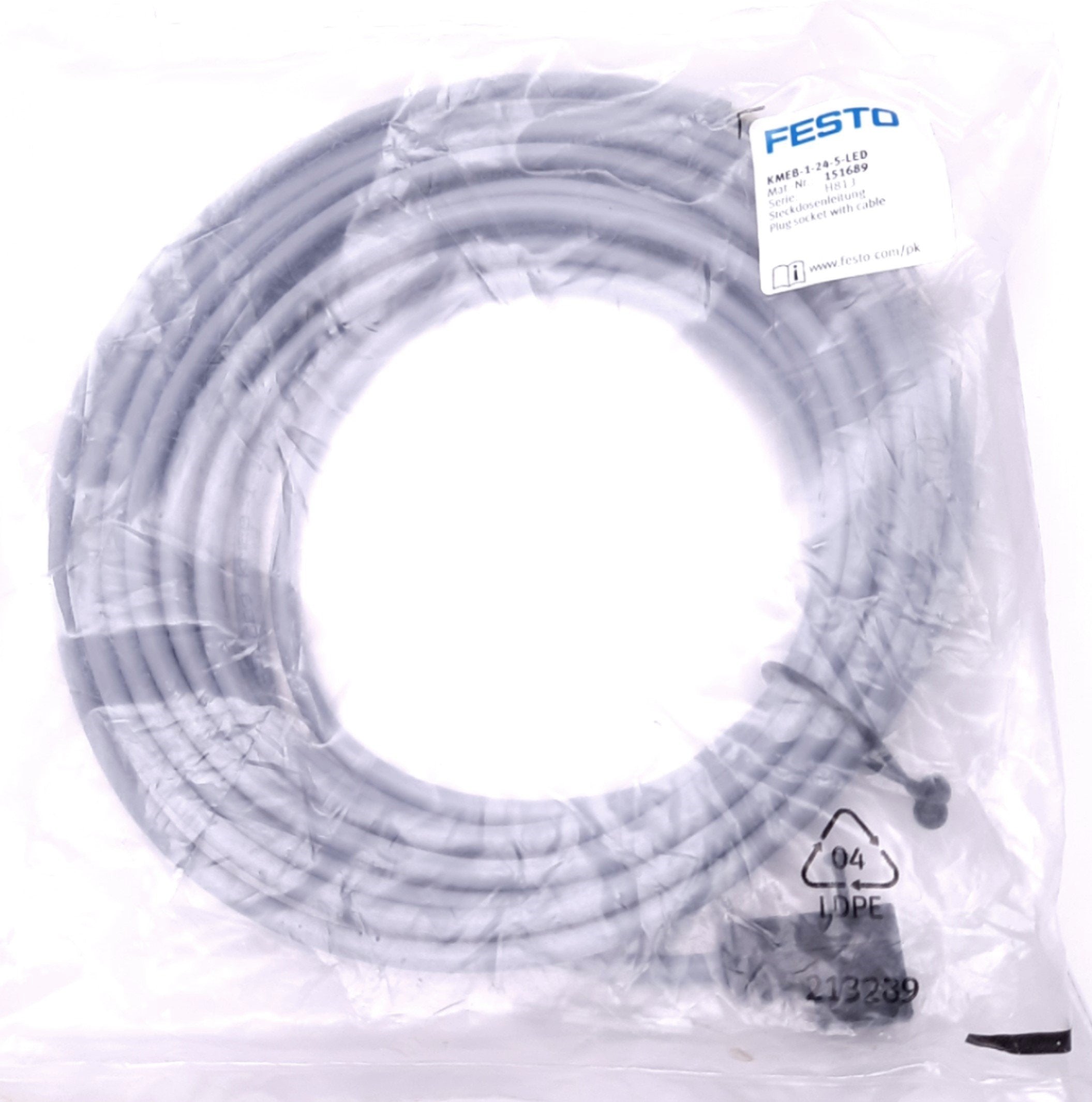 Festo KMEB-1-24-5-LED Plug Socket With Cable Angled, 3-Pin Type C