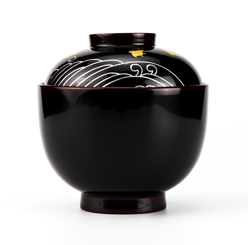 お椀吸物椀小吸椀-【手描き蒔絵・消し蒔絵】越前塗 波千鳥 小吸椀［5客