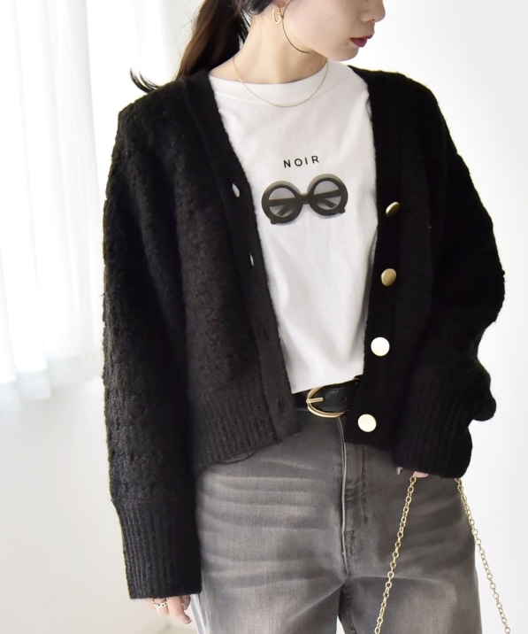 quaranciel: 透かし編み Vネック コンパクト ドルマンニット