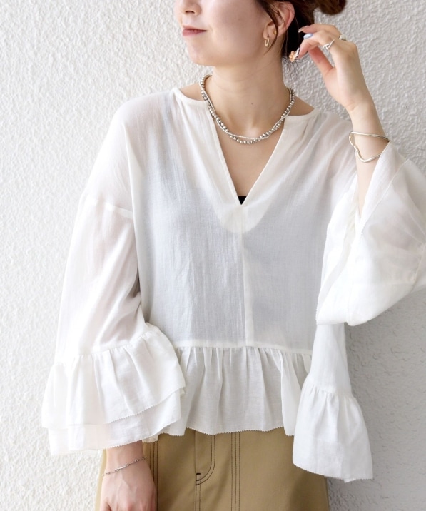 SHIPS any:〈洗濯機可能〉コットン モス ラッフル フリル キーネック