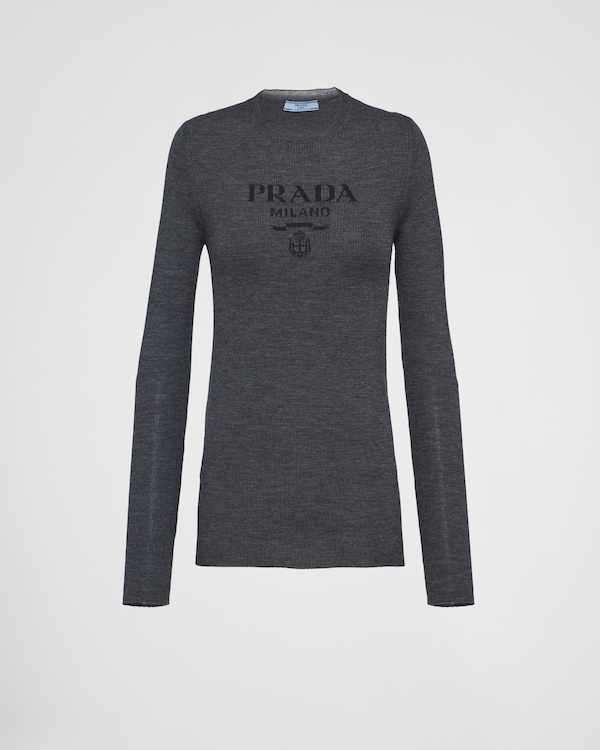 Anthracite Gray Superfine Wool Crew-neck Sweater | PRADA