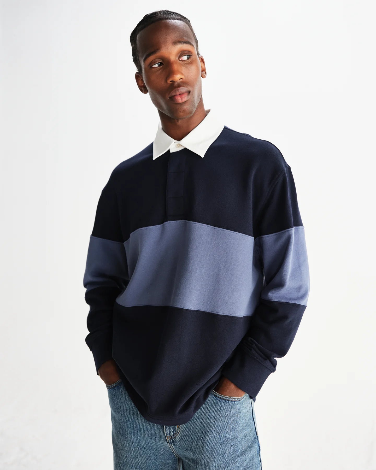 ラガーシャツ PANELLED LOOPBACK (NAVY/BLUE)【ワックスロンドン日本