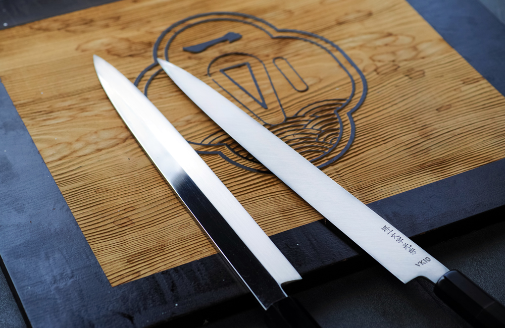 堺一文字光秀 V10本焼 鏡面仕上 ふぐ引き包丁 鞘付き