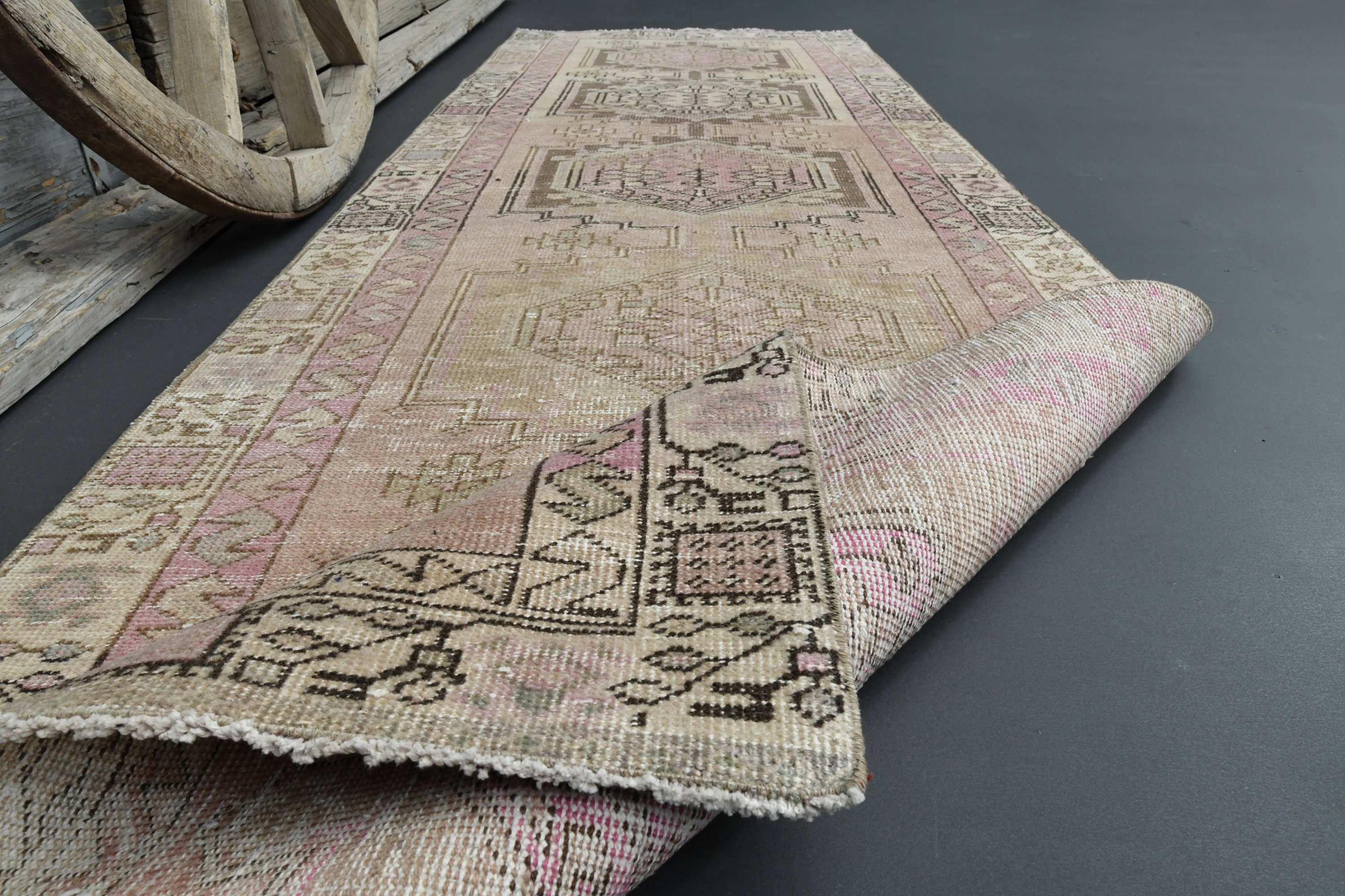 3'1x9'9 アンティークピンクランナーラグ、シャビーな装飾、モダンな