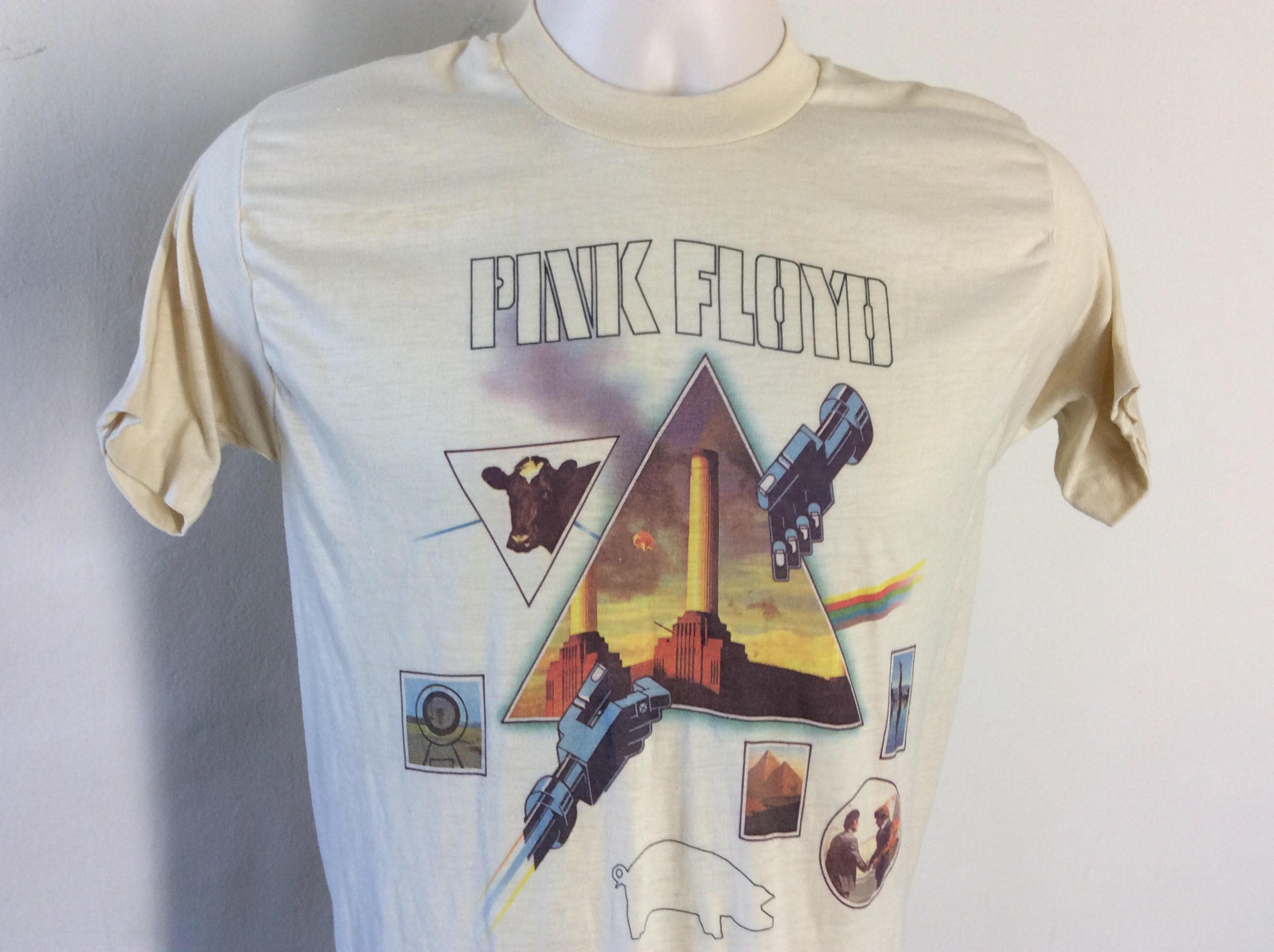 Vtg 70s Pink Floyd T-shirt Beige S Classic Rock Band Psychedelic
