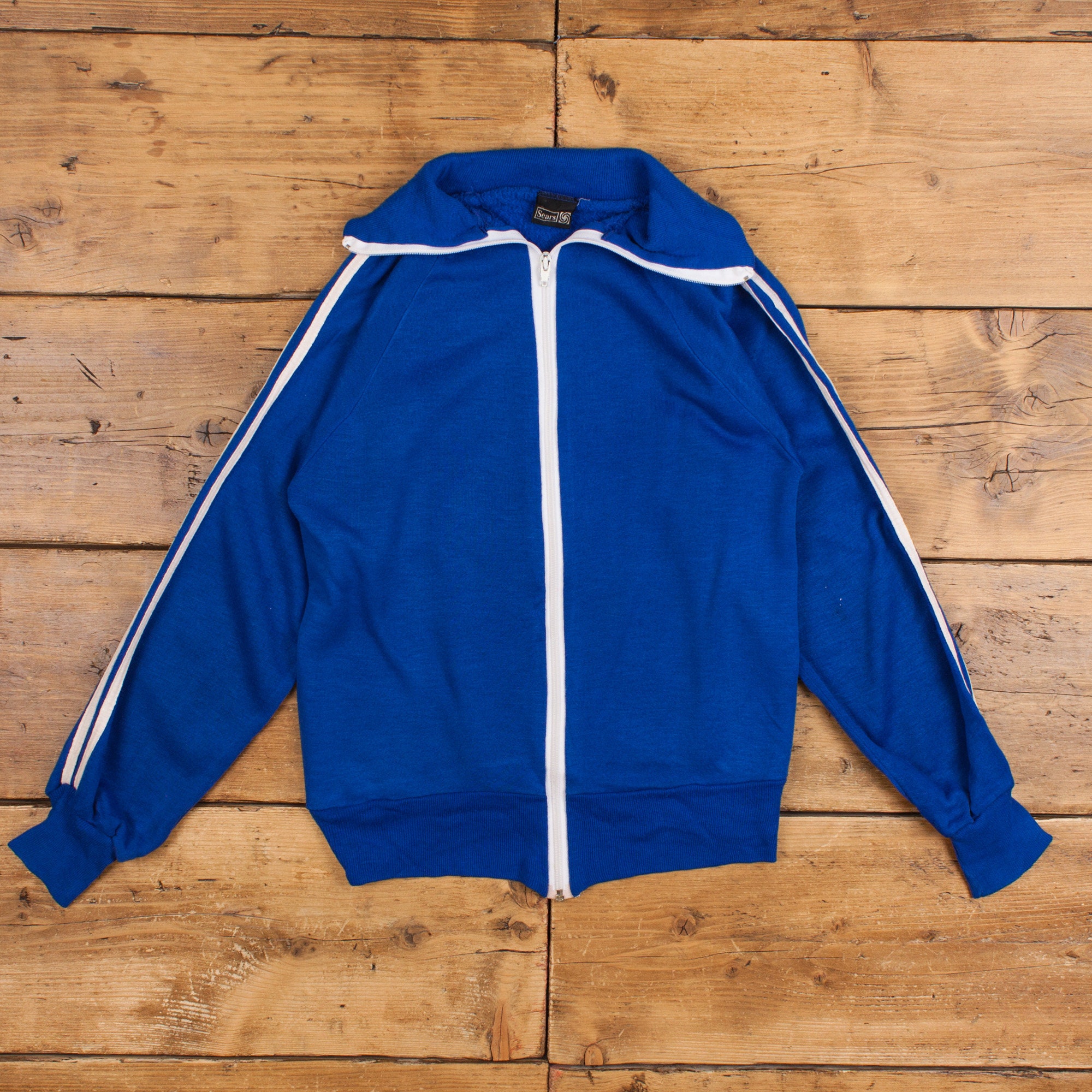 Vintage Sears Track Jacket M 70s Two Stripes Blue Womens Zip - Etsy