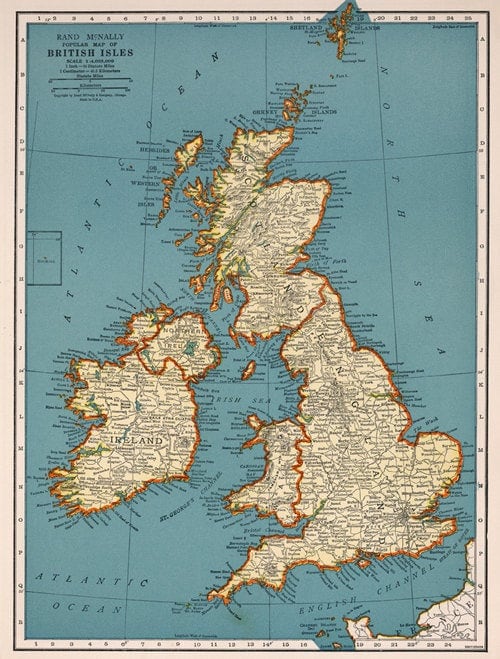 Vintage British Isles Map Print, Antique England Map (digital
