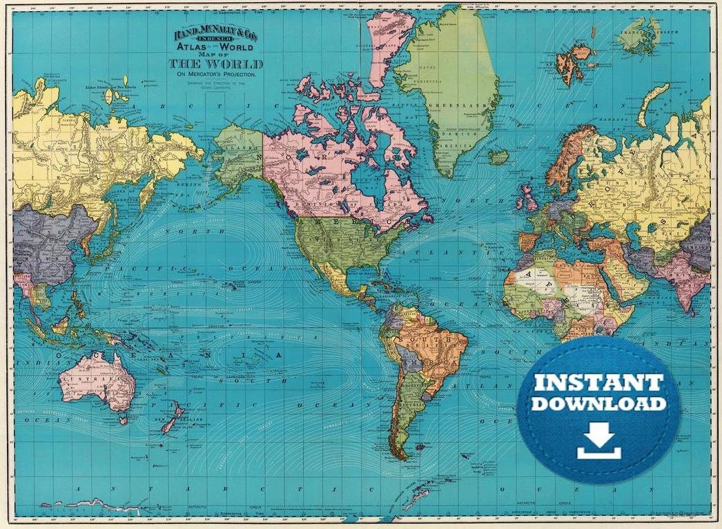 ヴィンテージ世界地図プリント：1897年版アトラス「ブルー