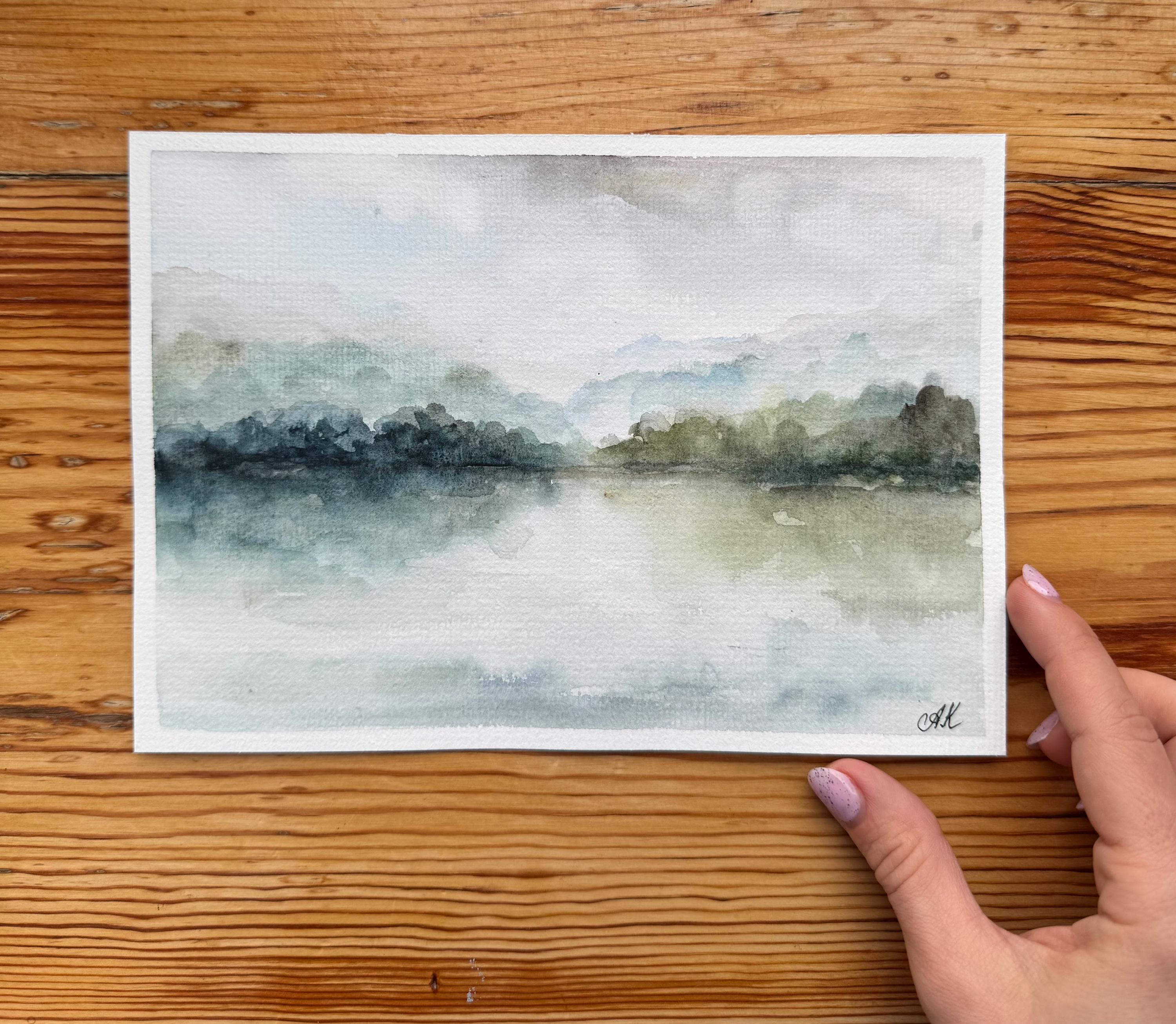 霧の湖の絵画：オリジナル水彩風景画（8 x 6インチ） - Etsy 日本