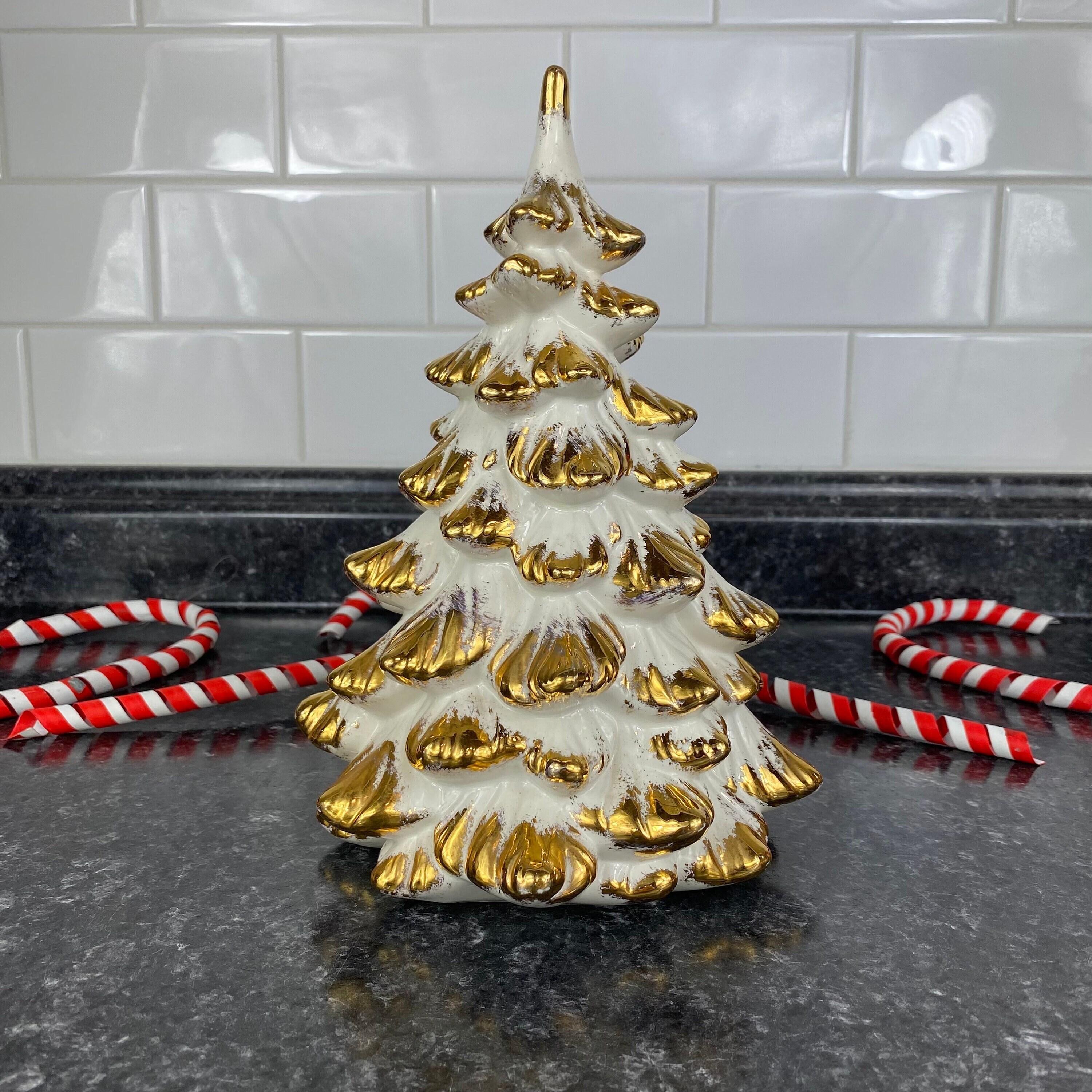 Vintage Mid Century White & Gold Ceramic Christmas Tree, Holland