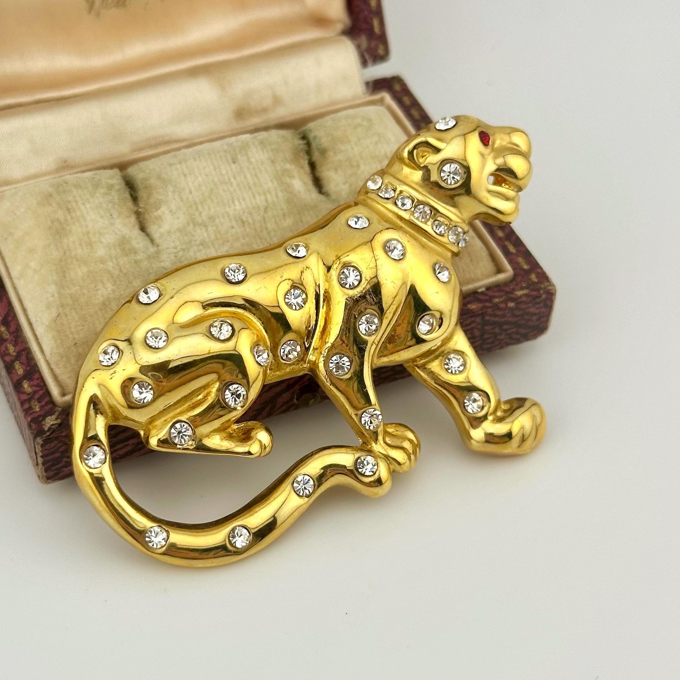 Vintage 1980s Leopard Brooch, Gold Plated Swarovski Crystal Jaguar