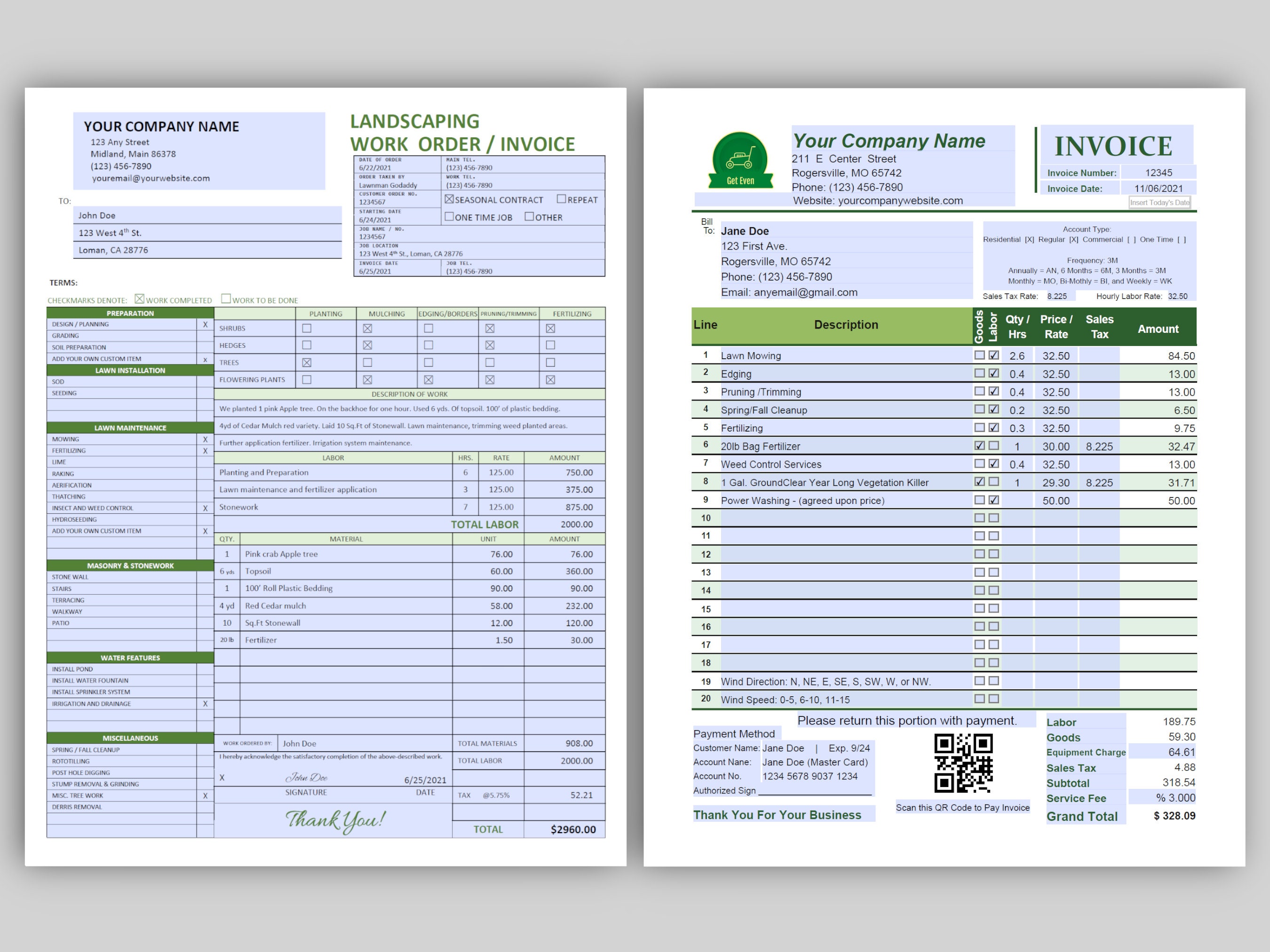 Lawn Care & Landscaping Invoice or Work Order, Editable, Printable