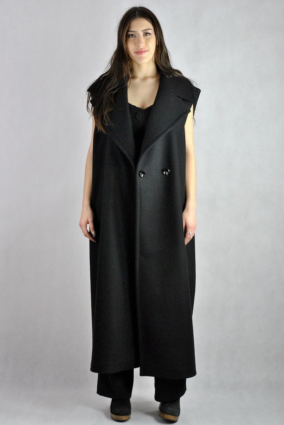 Sleeveless Black Coat Virgin Wool With Cashmere Loose Fitting With