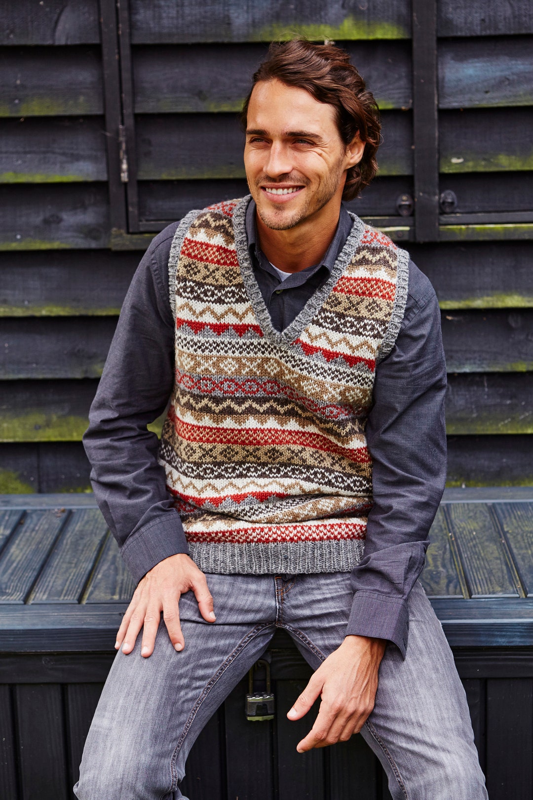 Men's Fair Isle Knitted Tank Top - 100% Wool - Sleeveless Pullover
