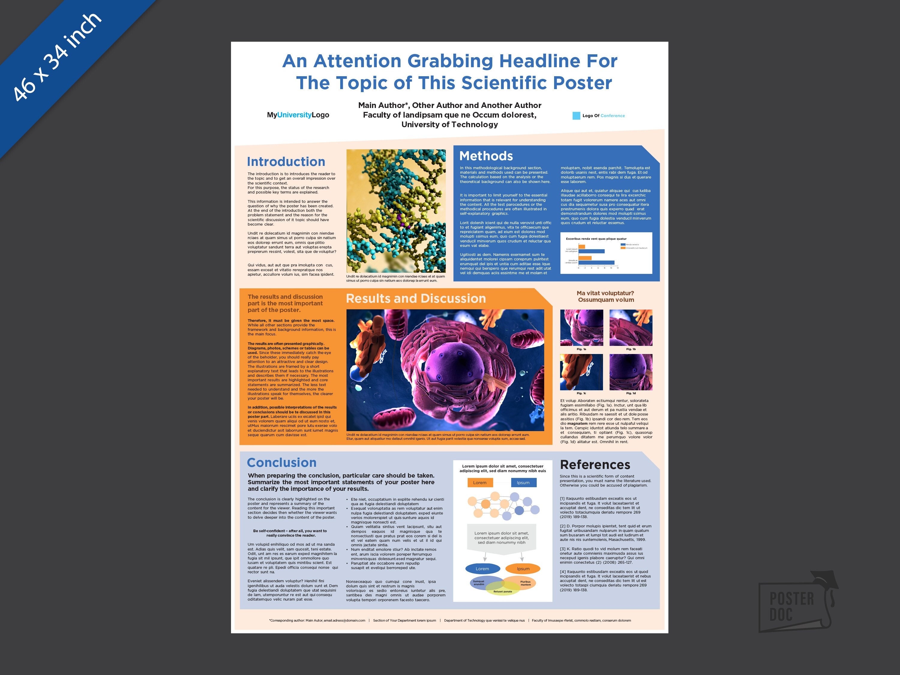 Scientific Powerpoint Poster Template - 46 X 34 Inch - Orange/blue