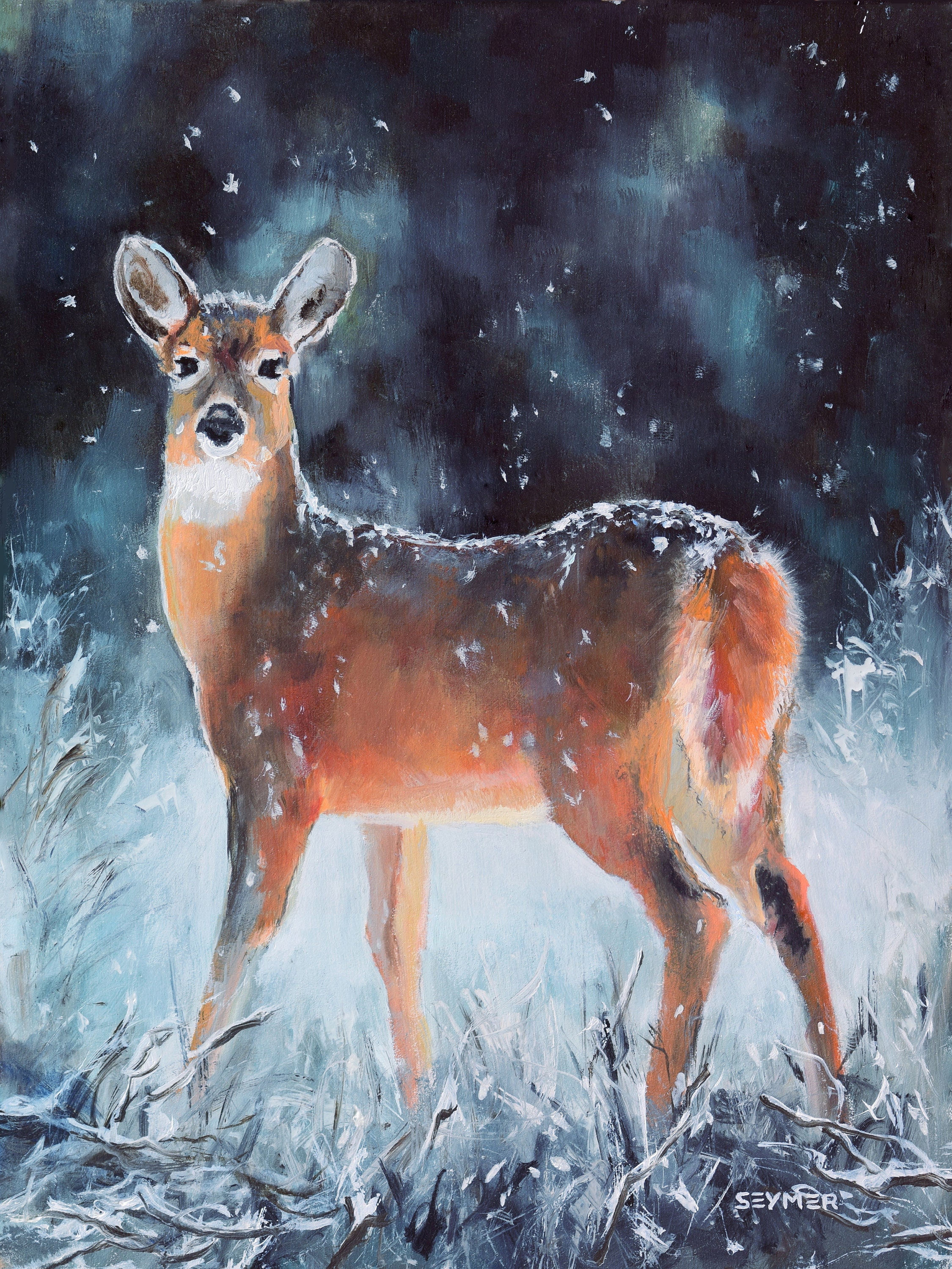 森の動物の油絵オリジナル、雪景色の鹿の絵、湖畔のアートハウスの装飾