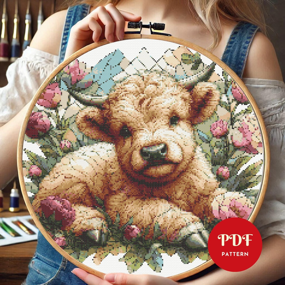 ベビーハイランド牛のクロスステッチパターン、農場の動物の刺繍